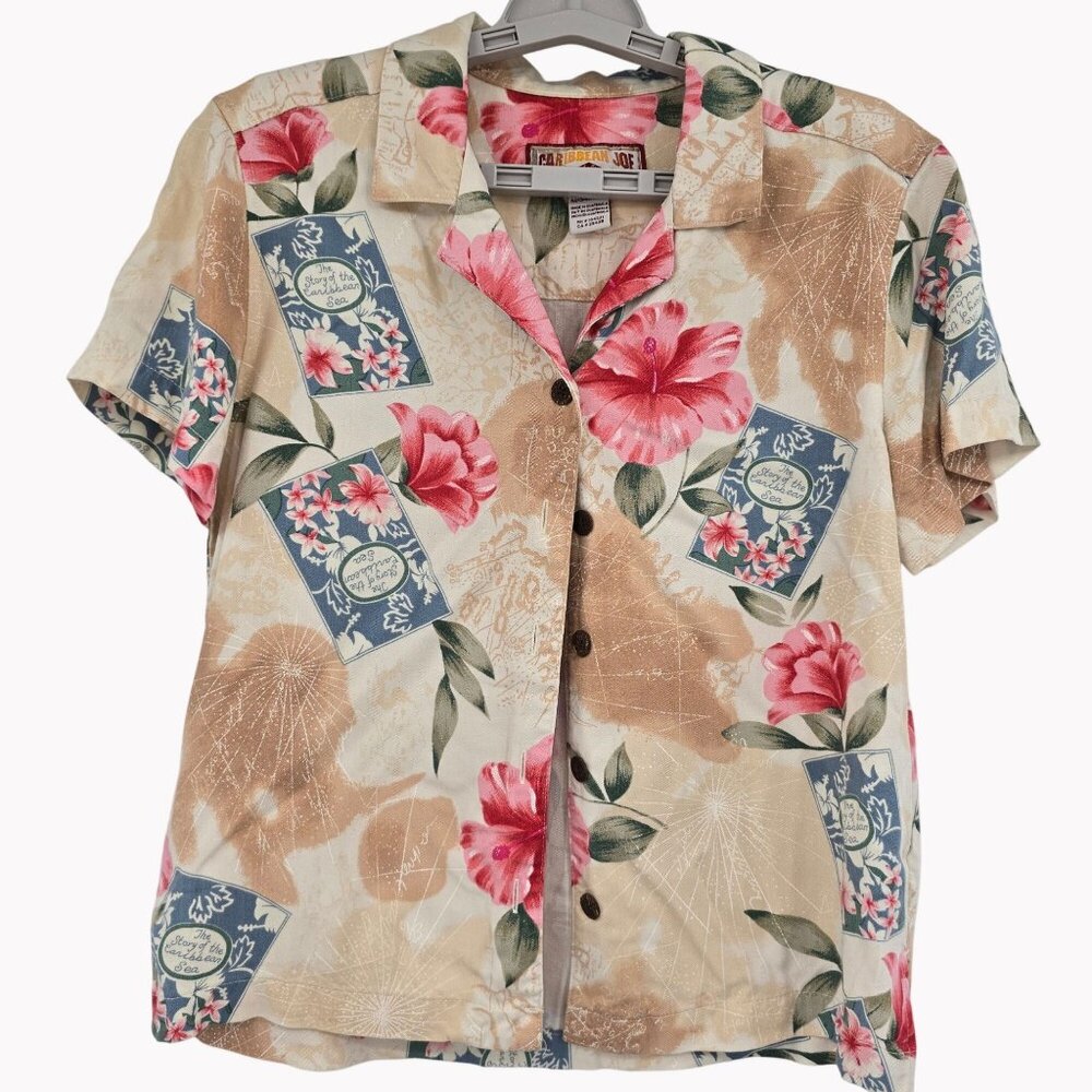 Caribbean Joe Petite PM Floral Button Up Shirt Beige Pink Rayon Short Sleeve